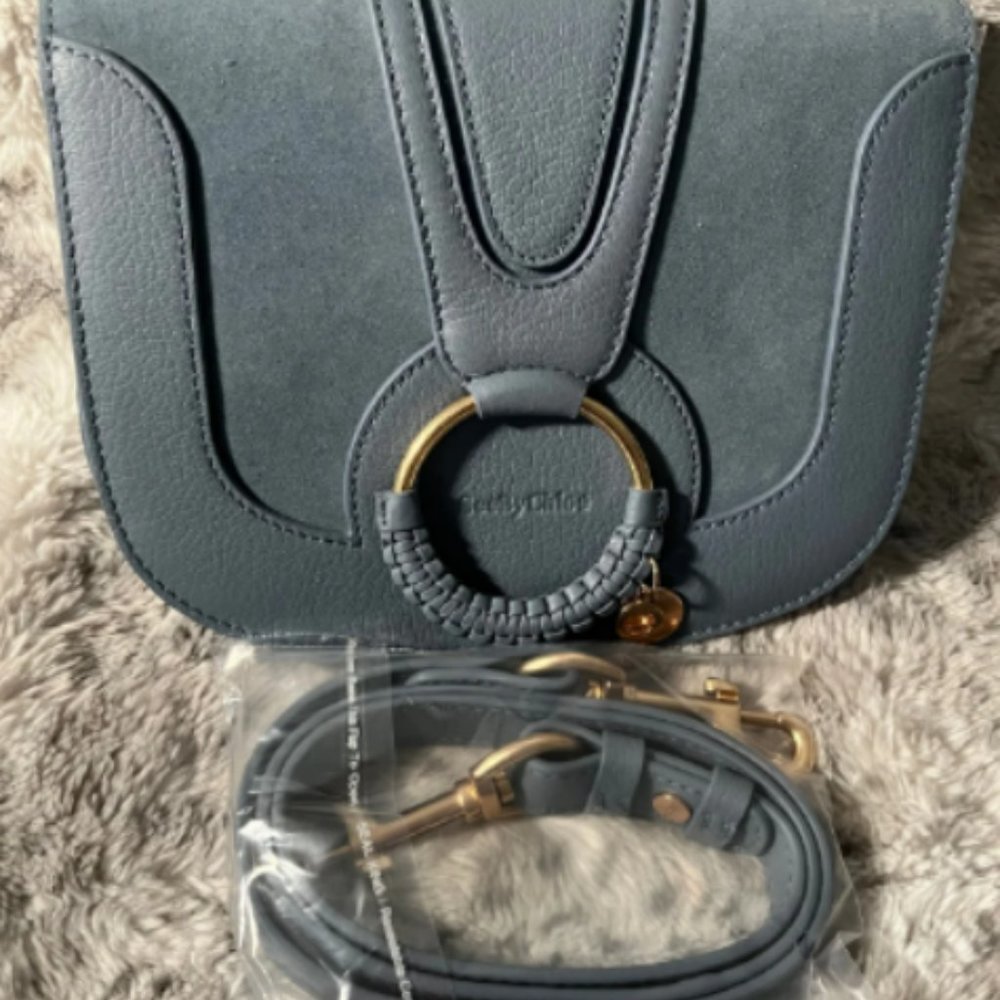 See by Chloé Hana Medium Saddle Leather & Suede Crossbody Stormy Sky MSRP$585